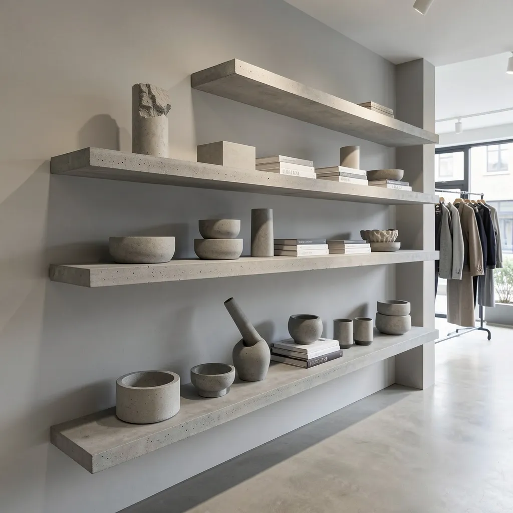 Minimal interior with concrete objects on shelf